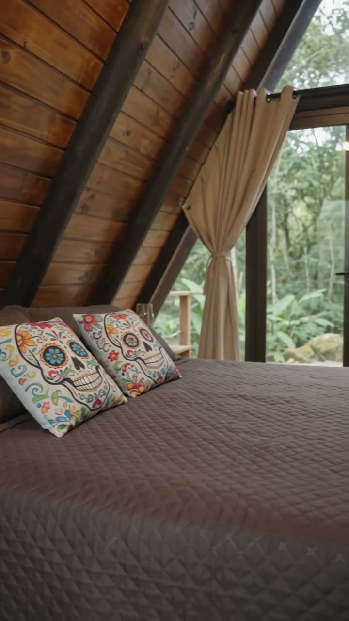 Cama de casal em chalé de madeira com vista para a floresta em Paraty