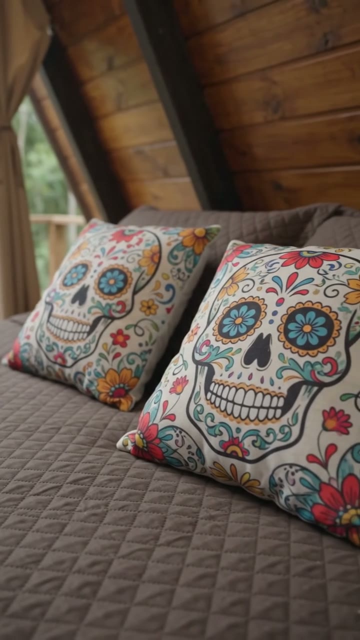 Detalhe das almofadas e roupa de cama do chalé