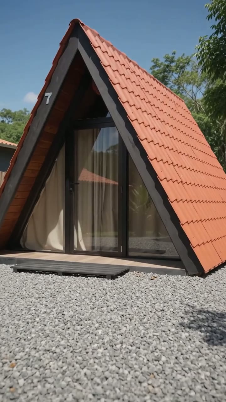 Chalé A-frame com telhado de telhas vermelhas e fachada de vidro em Paraty